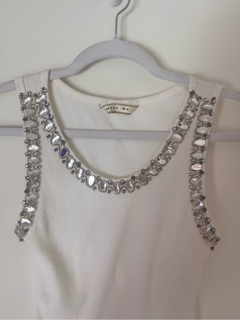 miss me white tank with silver beading